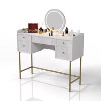 Kozmatikai asztal LED tükörrel 5 fiókkal fehér/arany